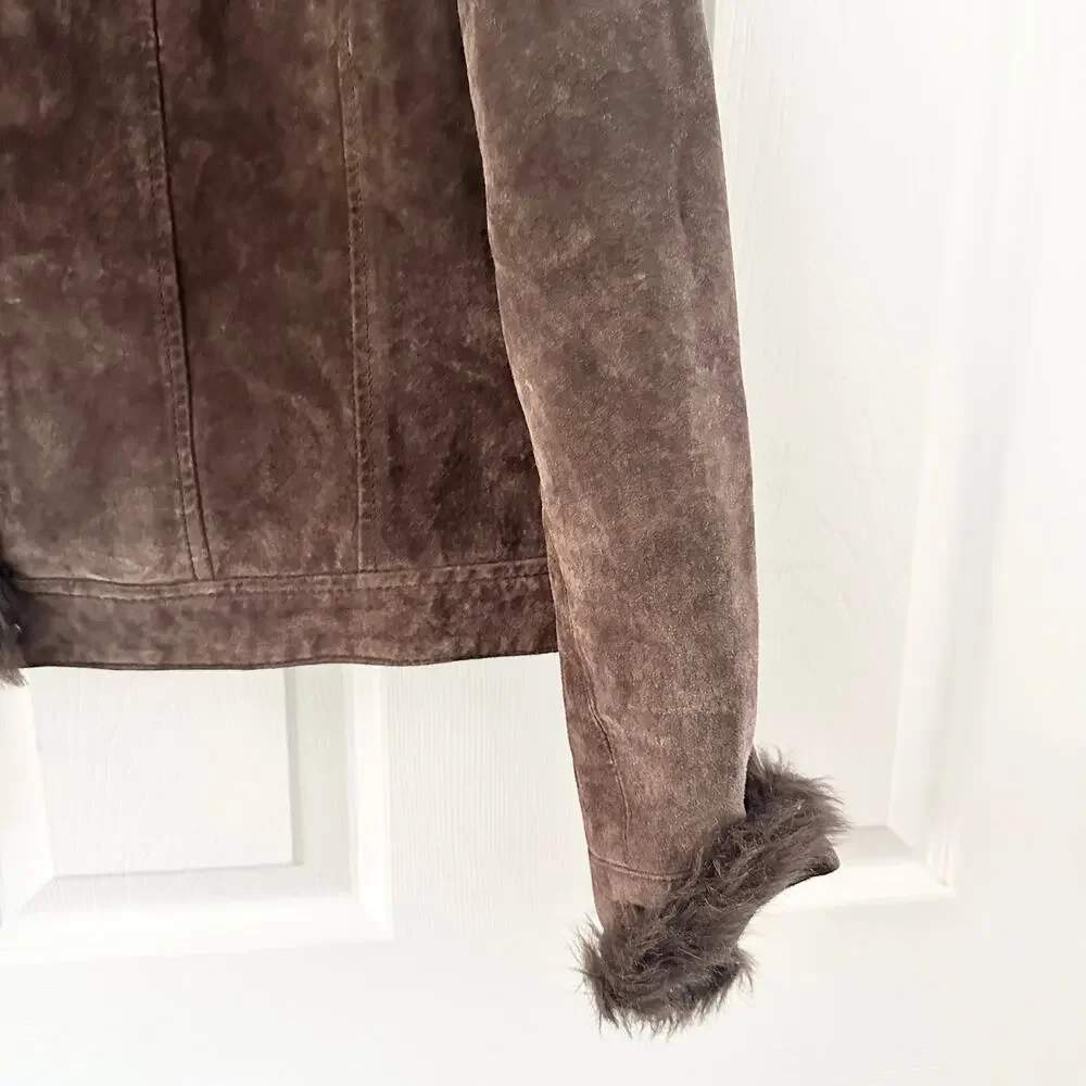Coldwater Creek Chocolate Brown Suede Fur Trim Zip Trucker Jacket Y2K Vintage L - Picture 5 of 9